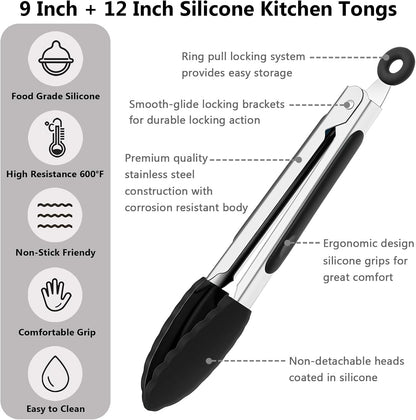 Kitchen Tongs for Cooking with Non-Stick Silicone Tips, 600°F Heat Resistant Silicone Cooking Food Tong Set Heavy Duty Stainless Steel Handle for Baking Grilling BBQ Salad Serving, 9" and 12"2