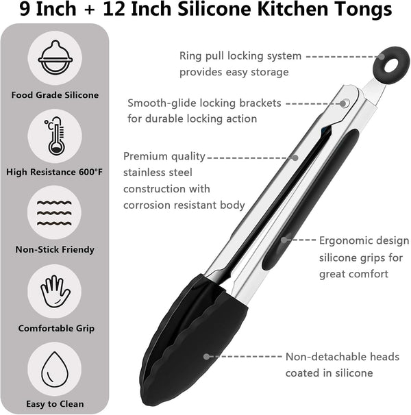 Kitchen Tongs for Cooking with Non-Stick Silicone Tips, 600°F Heat Resistant Silicone Cooking Food Tong Set Heavy Duty Stainless Steel Handle for Baking Grilling BBQ Salad Serving, 9" and 12"2