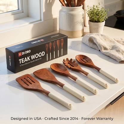 DI ORO Wooden Kitchen Utensil Set - 5 Pc Spoon & Spatula, Cream7