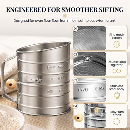 Stainless Steel Flour Sifter for Baking with Hand Crank - 3 Cup | Fine Mesh, Silver Color, Double Loop Agitator, Rust Resistant5