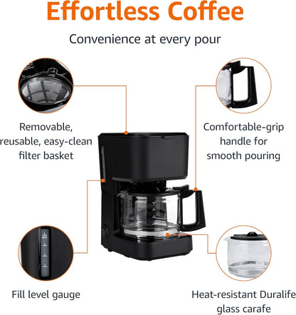 5 Cup Drip Coffee Maker with Glass Coffee Pot (0.8 Qt), Auto Shut-Off, Auto Pause, Removable Filter Basket, Matte Black2