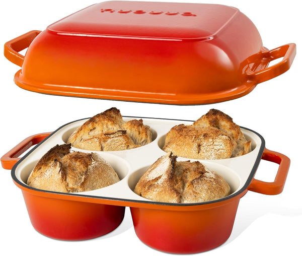 Quadpro Enamelled Cast Iron Bread Loaf Pot – Dutch Oven for Sourdough Bread Baking – 500°F Oven Safe Non Stick Bread Pot – 4 round Loaf Spaces (4.90-Inch Diameter), Orange – by1