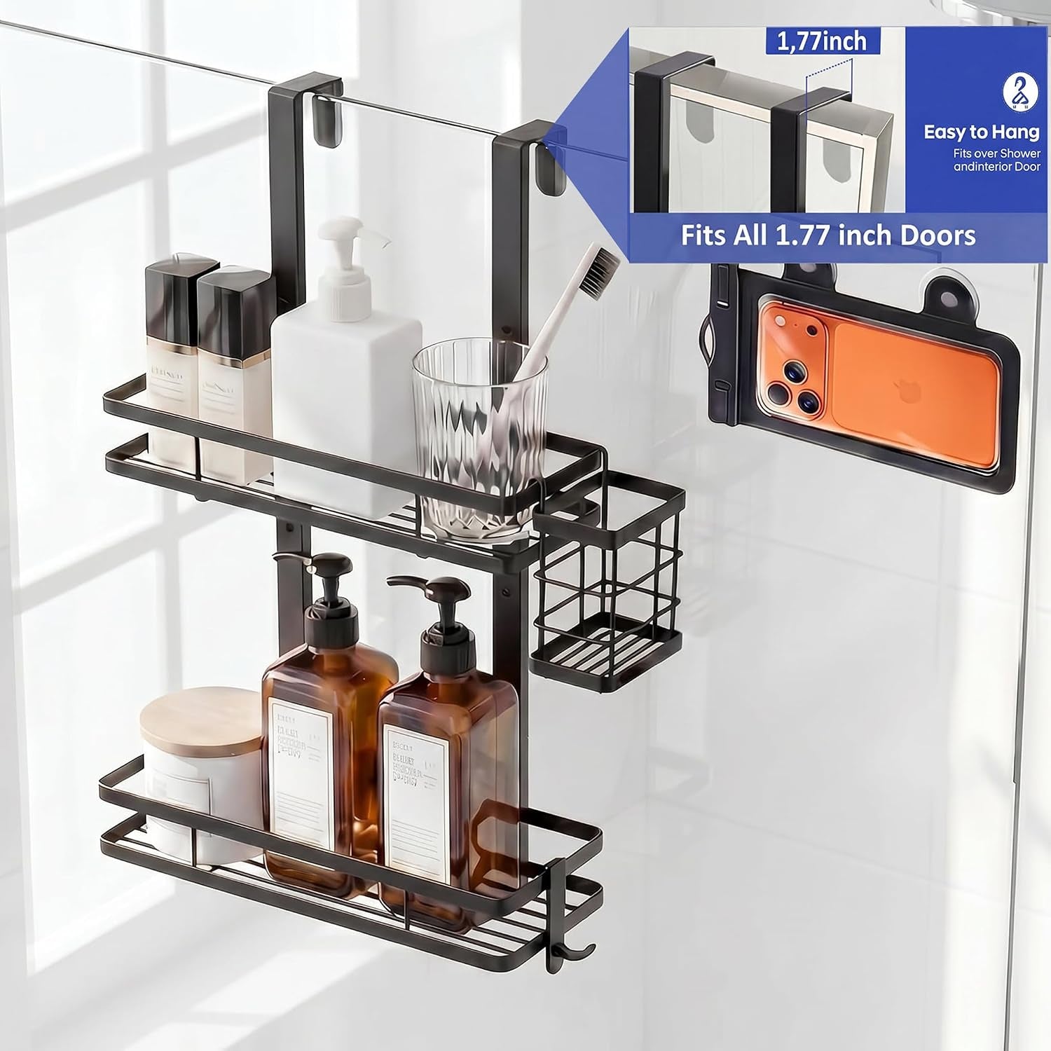 over-the-door-shower-caddy-hanging-rustproof-shower-shelves-with-waterproof-phone-pouch-2-tier-adjustable-bathroom-organizers-and-storage-no-drilling-shower-shelf-black-shampoo-soap-holder