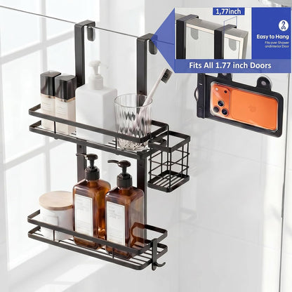 Over the Door Shower Caddy Hanging, Rustproof Shower Shelves with Waterproof Phone Pouch, 2-Tier Adjustable Bathroom Organizers and Storage, No Drilling Shower Shelf, Black Shampoo Soap Holder4