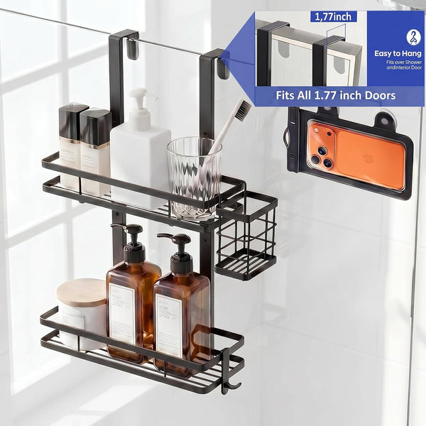 Over the Door Shower Caddy Hanging, Rustproof Shower Shelves with Waterproof Phone Pouch, 2-Tier Adjustable Bathroom Organizers and Storage, No Drilling Shower Shelf, Black Shampoo Soap Holder4