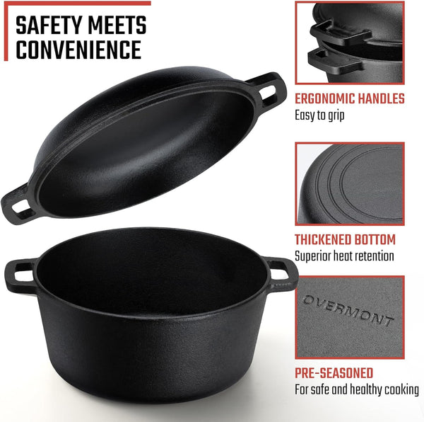 7QT Double Dutch Oven - 2-In-1 Pre-Seasoned Cast Iron Pot & Recipe | Skillet Lid Doubles as Frying Pan, Heavy Duty Cast Iron Pot with Handle Covers, for Sourdough Baking Frying Outdoor Camping7