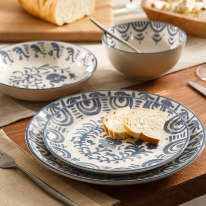 Bloomhouse - 2-Time Oprah’S Favorite Things - Valencia Flor 16 Piece Dinnerware Set, Artisanal Decorated Stoneware Plates & Bowls, Service for 4, Microwave & Dishwasher Safe, Iris Blue2