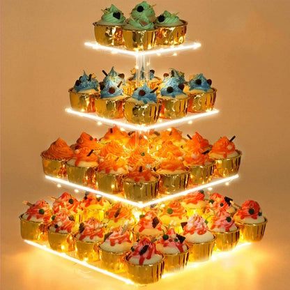 Cupcake Stand with Yellow LED Lights, 4 Tier Cupcake Stand for 50 Cupcakes, Acrylic Cupcake Tower Stand, Clear Tiered Cupcake Holder for Birthday Candy Bar Décor Weddings, Parties Events1