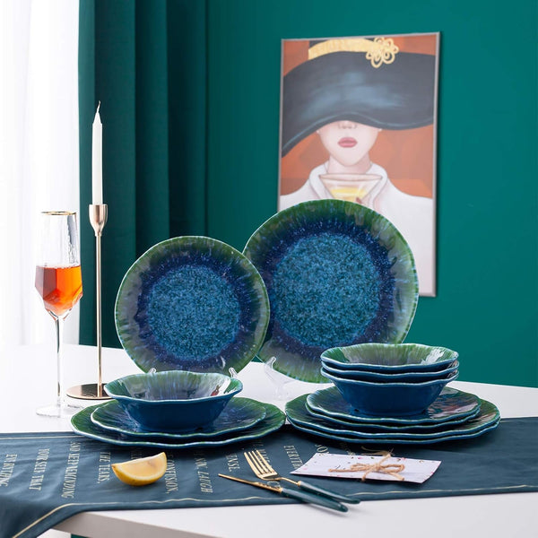 Melamine Dinnerware Set 12 PCS Teal Turquoise Tableware Plates Bowls Blue Green Dishwasher Safe Not Microware Not Oven3