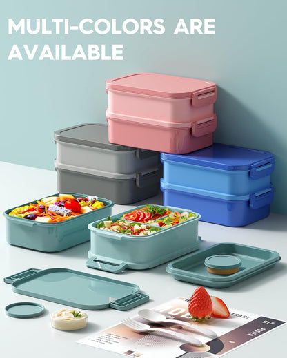 Adults Bento Lunch Box Set with Thermo Bag, 74Oz Stackable Leak-Proof 3-Tiers Bento Box, Built-In Utensil and Sauce Container for Work, School, Dining Out (Green)7