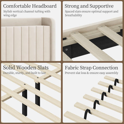 Queen Bed Frame with Channel-Tufted Storage Headboard, Cool Beige7