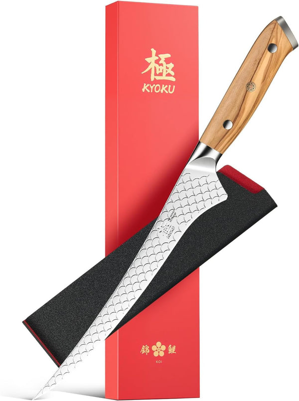 7 In. Japanese Fillet Knife, Koi Series Fish Boning Knife with Olive Wood Handle Koi Scale Pattern, High Carbon Stainless Steel Full Tang Fish Deboning, with Protective Sheath & Gift Box1