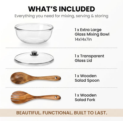 6 QT Large Glass Mixing Bowls with Lids,Glass Mixing Bowls for Sourdough Bread Making & Dough Proofing,Glass Serving Bowl for Salad & Kitchen Storage,Includes 2 Salad Servers,Microwave Safe3