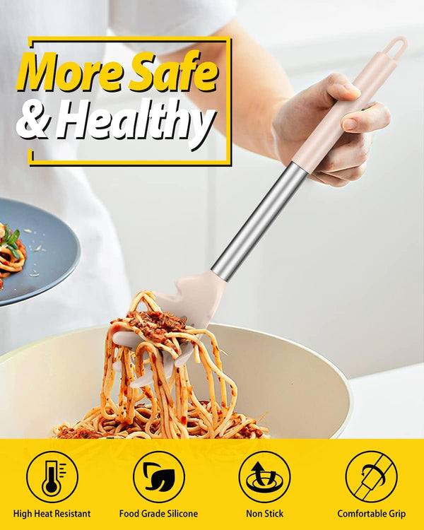 Silicone Pasta Fork and Soup Ladle Spoon Set, 2 Pack, Khaki3