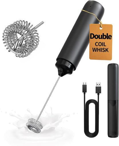 Rechargeable Milk Frother Handheld, Dual Coil Whisk Head Electric Coffee Frother, Portable Hand Frother Wand Drink Mixer for Matcha Lattes Cappuccino, Kitchen Gifts, Black1