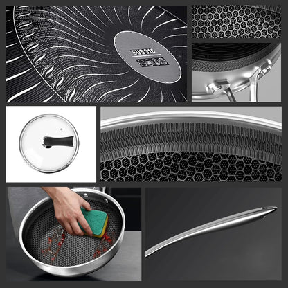 14" Honeycomb Non Stick Wok Pan Stainless Steel Stir-Fry Wok with Lid,Skillet with Stay-Cool Handle PFOA Free Suitable for Induction, Ceramic, Electric, and Gas Cooktops (Sliver, 14 Inches)3