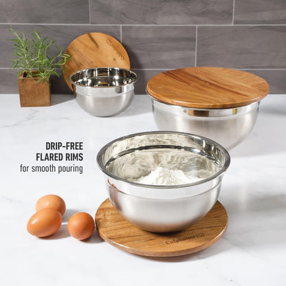 Orbit Mixing Bowl Set, 3-Piece Stainless Steel Mixing Bowls(1.5 Qt, 3 Qt, 5 Qt) with Acacia Wood Lids & Non-Slip Base, Kitchen Prep Bowls for Mixing, Serving & Food Storage6