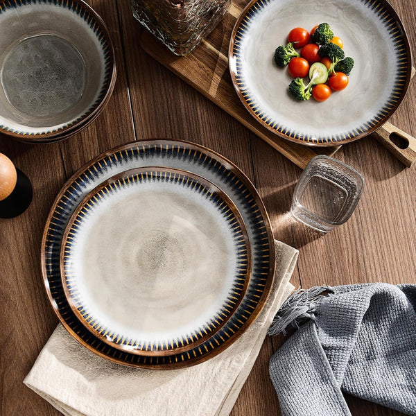 Melamine Dinnerware Set, 12 Pcs Dishware Sets, Plate and Bowl Set Service for 4, Lightweight and Unbreakable Dinnerware Sets for Camping, Great for RV, Dishwasher Safe, Sahara Beige and Blue1