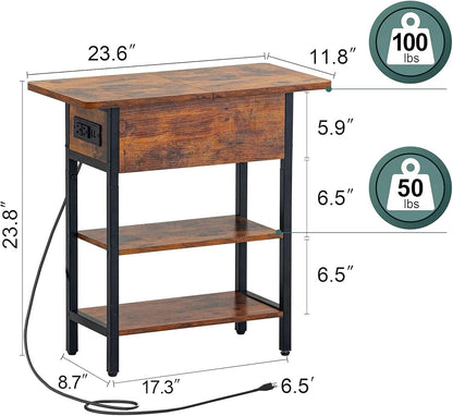 End Table with Charging Station, Flip Top Side Table with USB Ports and Outlets, Sofa Couch Table Bedside Table for Living Room Bedroom, Narrow Nightstand with Storage Shelves for Small Space3