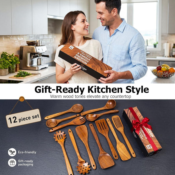 Wooden Spoons for Cooking, 12-Piece Teak Wood Kitchen Utensil Set, Nonstick Safe Wooden Spatulas and Spoons, Smooth Heat-Friendly Cooking Utensils for Everyday Meals (A12)9