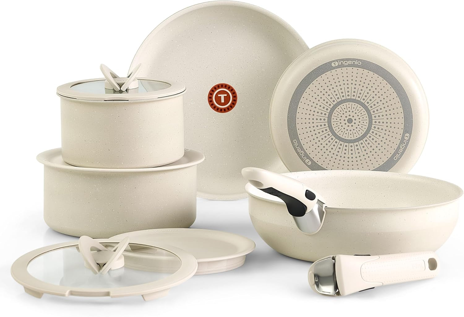 ingenio-essentials-cookware-set-with-detachable-removable-handle-11-piece-granite-titanium-non-stick-oven-broiler-safe-500f-stackable-pots-and-pans-set-frying-pans-dishwasher-safe-beige