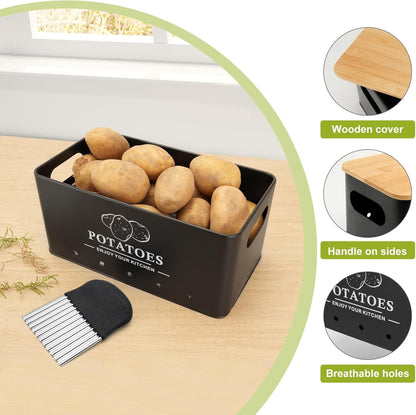 Kitchen Vegetable Storage Set of 3, Metal Onion Garlic Potato Storage Set, Kitchen Canisters Vegetable Keeper Containers with Aerating Holes and Bamboo Lid,Black5
