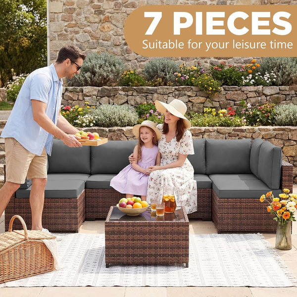 Patio Furniture Set with Rain Cover,7 Pieces Outdoor Wicker Rattan Patio Furniture, Wicker Rattan Outdoor Sectional Sofa Set with Coffee Table for Garden, Poolside Taupe-Grey6