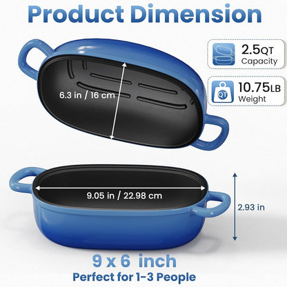 2.5QT Cast Iron Dutch Oven, Bread Loaf Pan for Sourdough Bread Baking | Blue Enameled Cast Iron 2.5QT Oval Dutch Oven for Homemade Sourdough Bread, Small Dutch Oven & Baking Pan, Gift for Baker2