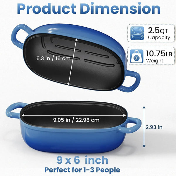 2.5QT Cast Iron Dutch Oven, Bread Loaf Pan for Sourdough Bread Baking | Blue Enameled Cast Iron 2.5QT Oval Dutch Oven for Homemade Sourdough Bread, Small Dutch Oven & Baking Pan, Gift for Baker2