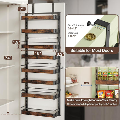 8 Tier over the Door Pantry Organizer, 2 in 1 Wall Mount or Metal Hanging Spice Rack for Pantry Organizers and Storage, Seasoning Shelves，Adjustable Basket with Hooks for Kitchen Cabinet and Closet2