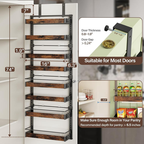 8 Tier over the Door Pantry Organizer, 2 in 1 Wall Mount or Metal Hanging Spice Rack for Pantry Organizers and Storage, Seasoning Shelves，Adjustable Basket with Hooks for Kitchen Cabinet and Closet2