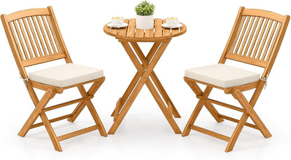 3 Pieces Acacia Wood Patio Folding Bistro Set, Outdoor Table and Chairs Set with Soft Cushions, Patio Furniture Set for Porch, Balcony, Garden, Deck and Backyard1