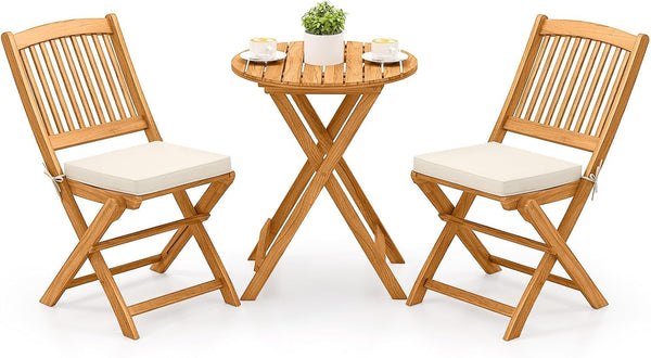 3 Pieces Acacia Wood Patio Folding Bistro Set, Outdoor Table and Chairs Set with Soft Cushions, Patio Furniture Set for Porch, Balcony, Garden, Deck and Backyard1