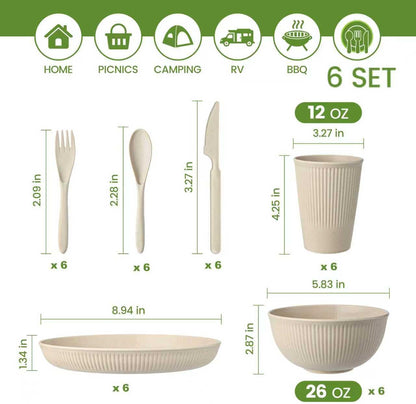 36-Piece Reusable Wheat Straw Dinnerware Sets for 6,  Unbreakable Reusable Set Kitchen Cups, Plates, Bowls Sets & Cultery Dishwasher Microwave Safe - Patio, Outdoors, RV, Camping Dishes6