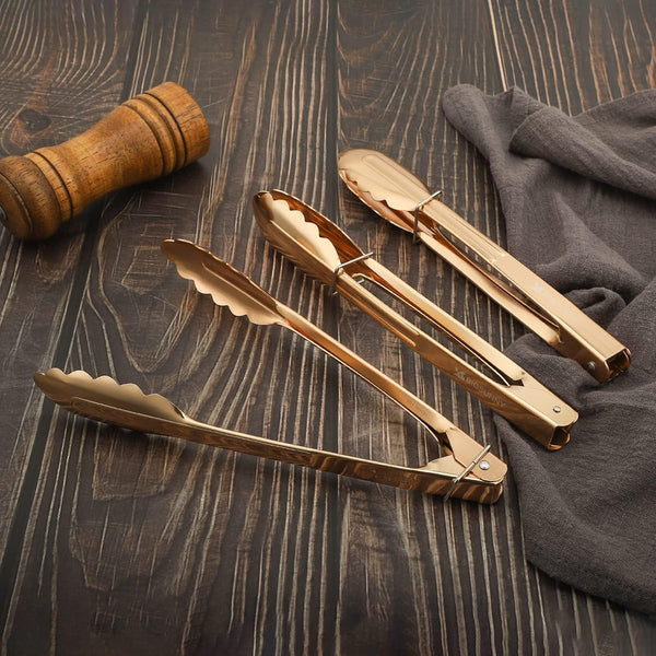 9 Inch Kitchen Food Tongs for Cooking and Serving- Aluminum - Set of 3 (Gold-Plated)4
