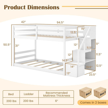 Twin over Twin Bunk Bed with Stairs, Solid Wood Floor Bunk Bed with Storage Staircase & Full-Length Guardrails, Low Bunk Bed with for Kids, Teens, Adults, Dorm, Small Space, White2