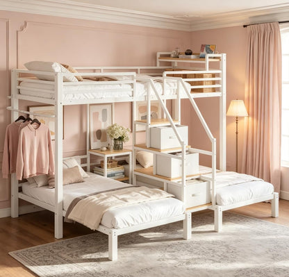 Twin Triple Bunk Bed with Storage Shelves and Storage Stairs, 3 Bunk Bed for Kids, Adults（Heavy Metal, White）1