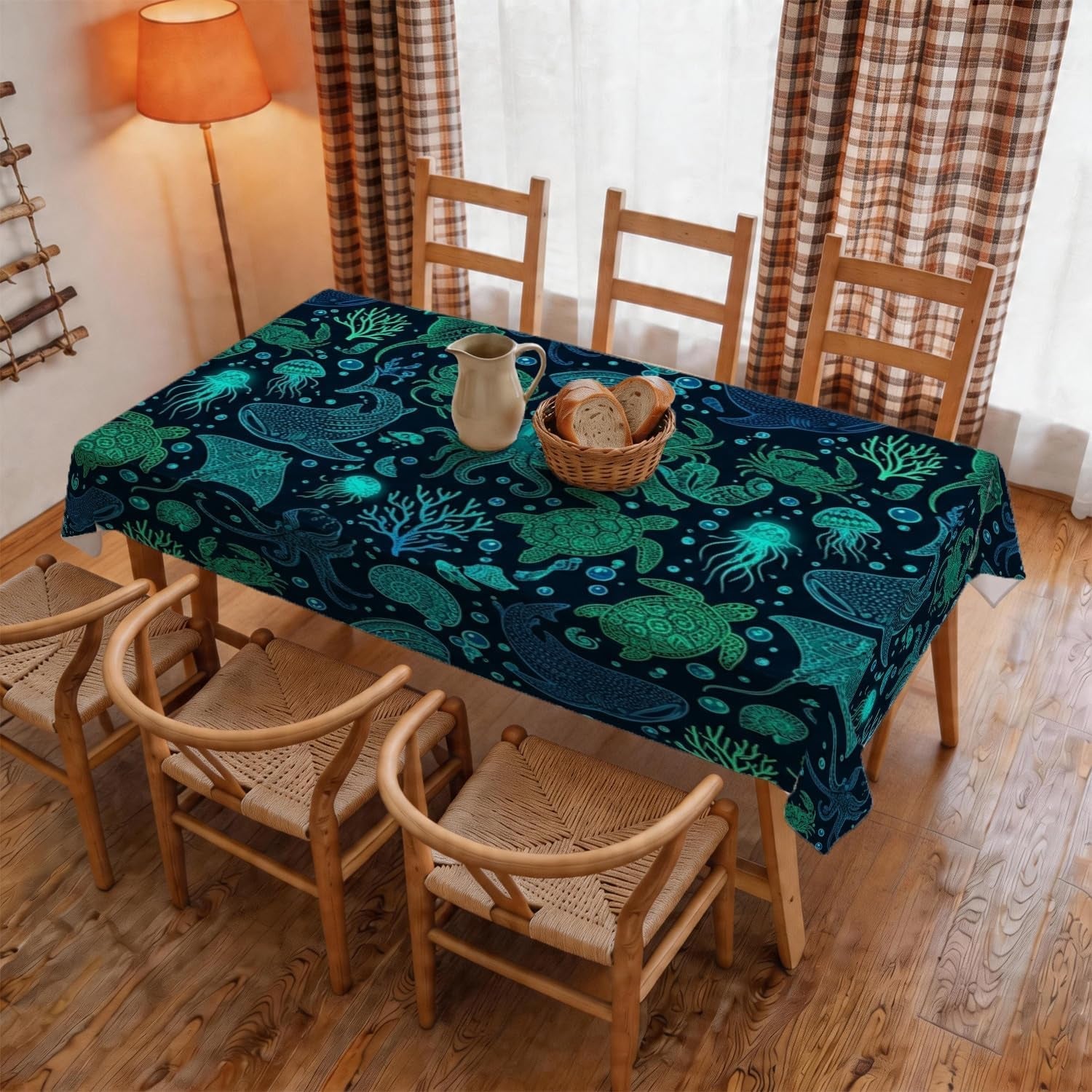 octopus-rectangle-table-cloth-nautical-fanciful-shell-coral-summer-teal-stain-resistant-washable-table-linens-party-supplies-for-kitchen-banquet-picnic-camping-60x86-inch