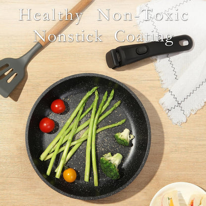 Nonstick Ceramic Frying Pans Skillets Set with Lids & Detachable Handle, Non-Toxic Egg Omelette Kitchen Cooking Pans Compatible with All Stovetops, PTFE & PFOA Free, Black, 7-Piece4