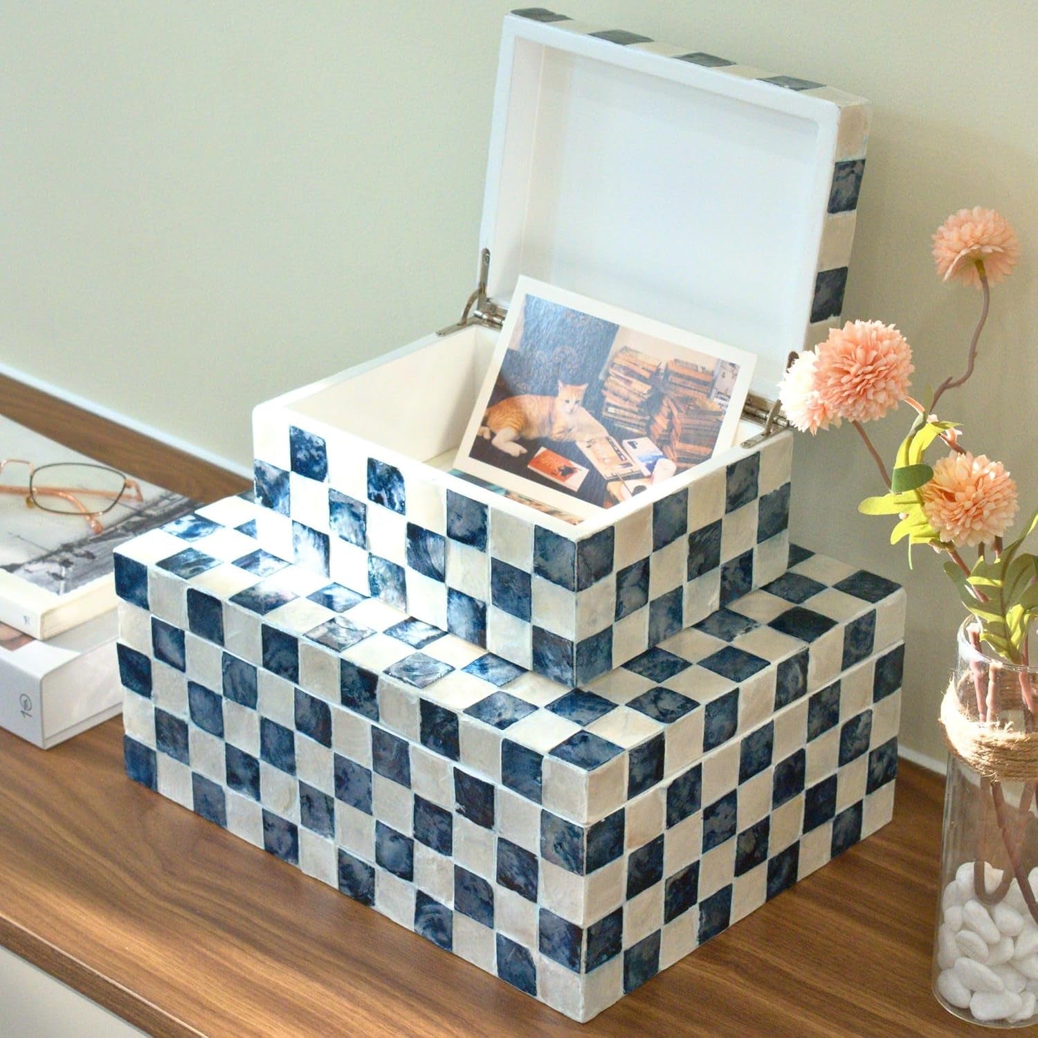12x8-decorative-capiz-boxes-keepsake-trunk-navy-blue-set-2-handmade-capiz-inlaid-keepsake-boxes-for-photos-blue-checkered-boxes-checkered-box-decor-blue-storage-box-for-bedroom