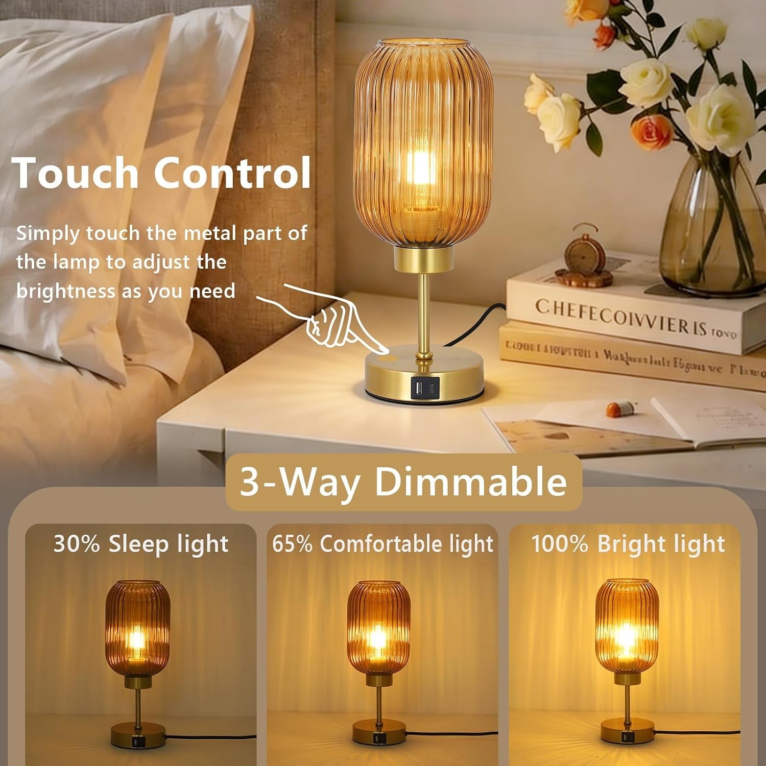 vintage-gold-touch-table-lamp-small-desk-lamp-with-amber-glass-shade-bulb-charging-port-mid-century-modern-bedside-lamp-3-way-dimmable-nightstand-lamp-for-bedroom-living-room-home-office