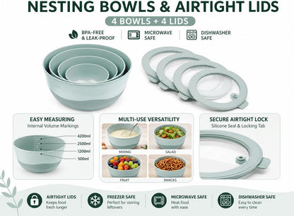 Pera Plastic Mixing Bowls with Lids - 8-Piece Airtight Leak-Proof Nesting Bpa-Free Prep Bowl Set for Kitchen & Food Storage, Large 4200Ml Capacity, Microwave & Dishwasher Safe (Blue)2
