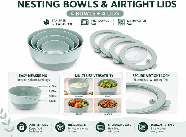 Pera Plastic Mixing Bowls with Lids - 8-Piece Airtight Leak-Proof Nesting Bpa-Free Prep Bowl Set for Kitchen & Food Storage, Large 4200Ml Capacity, Microwave & Dishwasher Safe (Blue)2