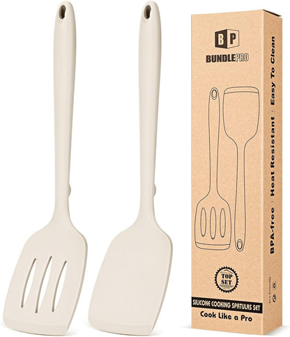 Pack of 2 Silicone Spatula Turners, Non Stick Slotted Kitchen Spatula Set, Heat Resistant BPA Free Kitchen Utensils, One-Piece Design, Suitable for Flipping Fish, Eggs, Steak, Pancakes(Khaki)1