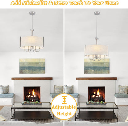 Drum Chandelier for Dining Room, 5-Light Modern Brushed Nickel Chandelier with Linen Shade, 18" Hanging Linen Drum Pendant Ceiling Light Fixture for Entryway, Foyer, Living Room, Kitchen, Bedroom3