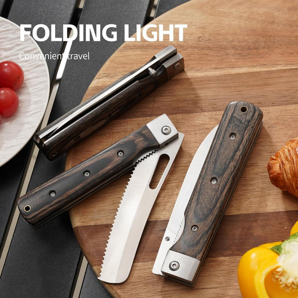 440A Stainless Steel 4 - Piece Folding Knife Set, Black - Colored Wood Handle, Sharp Pocket Knives for Chef/Bread/Peeling, Portable Kitchen & Outdoor Use6