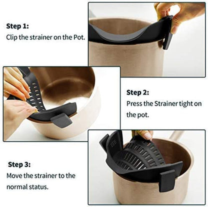 Clip on Strainer Silicone for All Pots, Standard 8.86 X 3.55In, Black | Food-Grade Bpa-Free, Fits Pots Pans Bowls, Dishwasher Safe, for Pasta Noodles Vegetable Fruits, Space-Saving Kitchen Gadget4