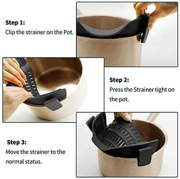 Clip on Strainer Silicone for All Pots, Standard 8.86 X 3.55In, Black | Food-Grade Bpa-Free, Fits Pots Pans Bowls, Dishwasher Safe, for Pasta Noodles Vegetable Fruits, Space-Saving Kitchen Gadget4
