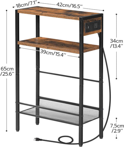 Small Narrow Side Table with Charging Station, Skinny End Table for Small Spaces, Slim Nightstand with USB Ports Outlet, Sofa beside Table with Storage Shelf, Rustic Brown and Black BF102UBZ013