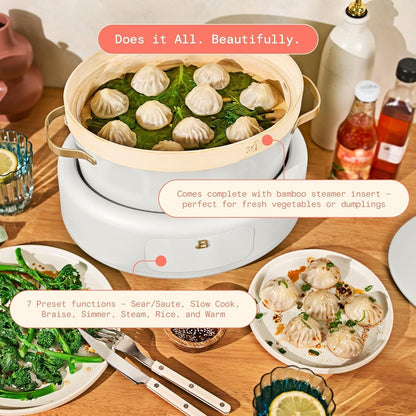 8 QT 10-In-1 Programmable Multi-Cooker with Bamboo Steamer, Electric Dutch Oven, Slow Cooker, Searing Pot & Rice Cooker, Non-Toxic Ceramic (White Icing)3